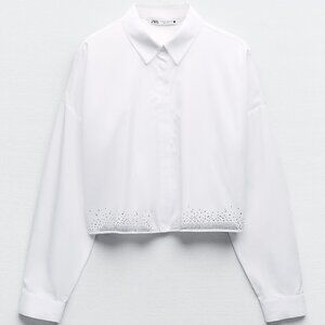 Zara - Cropped white button down shirt with rhinestone hem